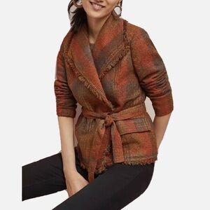 Anthropologie Cartonnier Plaid Wrap Blazer Belted Sweater Jacket Size 2